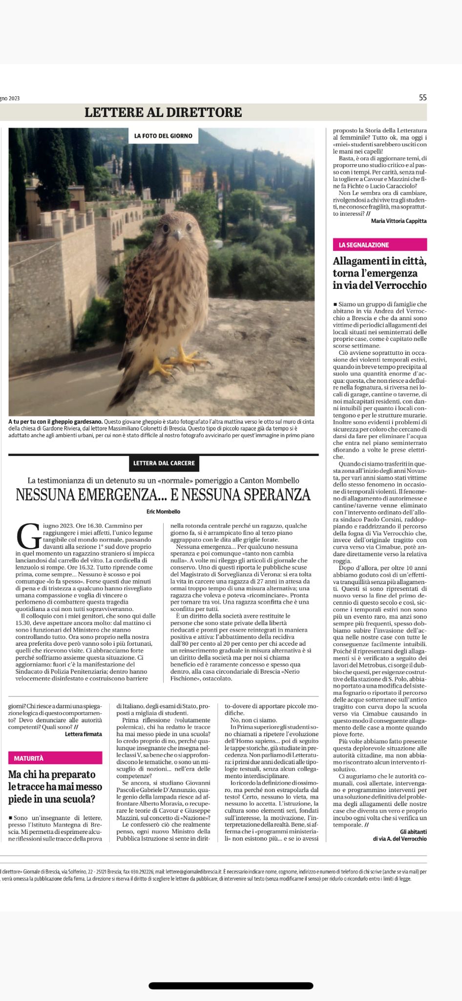 Lettera al direttore di Maria Vittoria Cappitta, Giornale di Brescia, giugno 2023